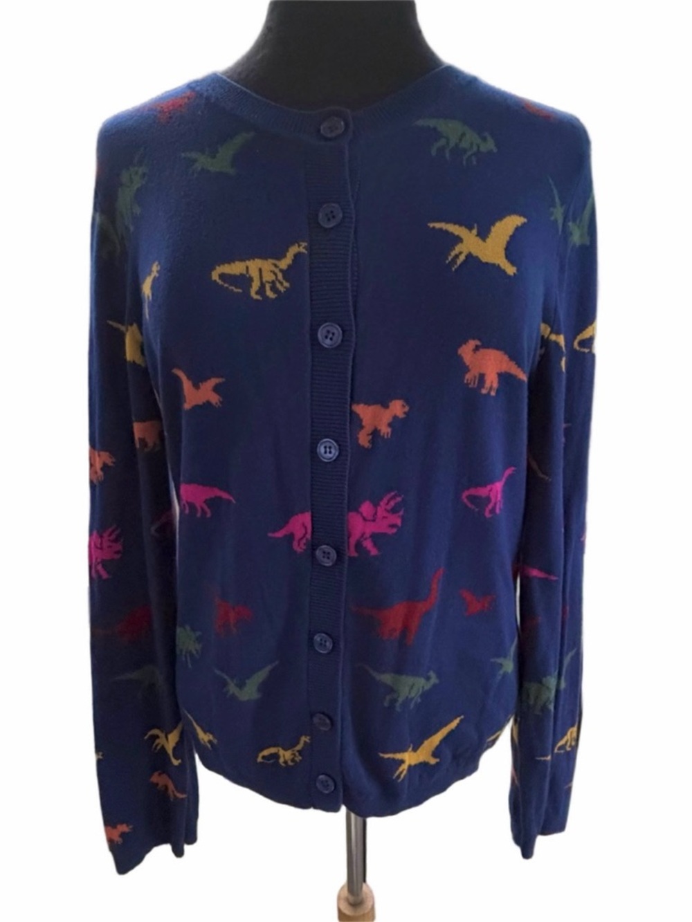 Modcloth Old Soul Classic Dino Cardigan Large Colorful Dinosaur Print EUC - Picture 2 of 12